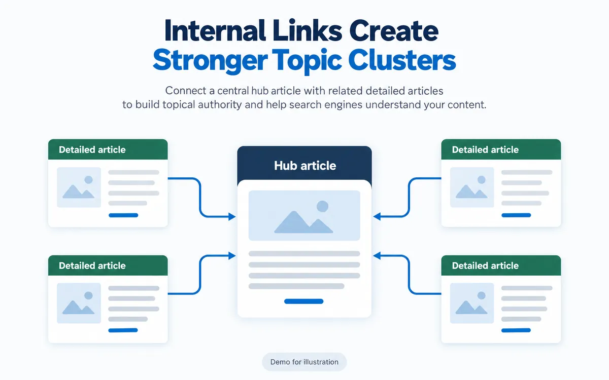 Diagram of a topic cluster connecting a main article with supporting articles