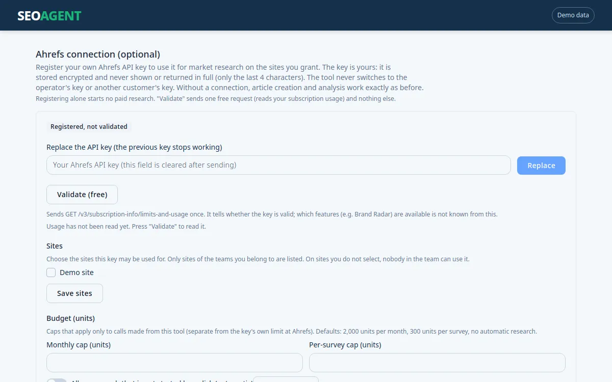 Illustration of the Ahrefs integration and additional research screen