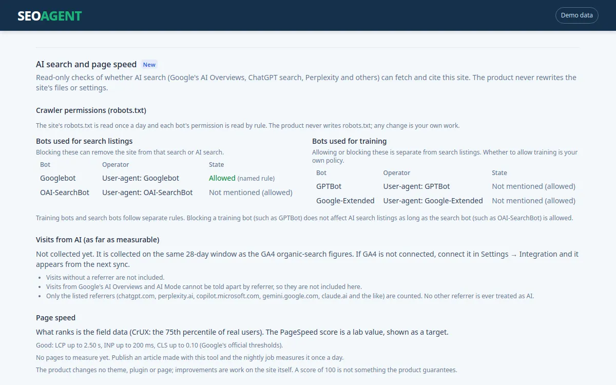 Illustration of the AI-search and page-speed diagnostics screen