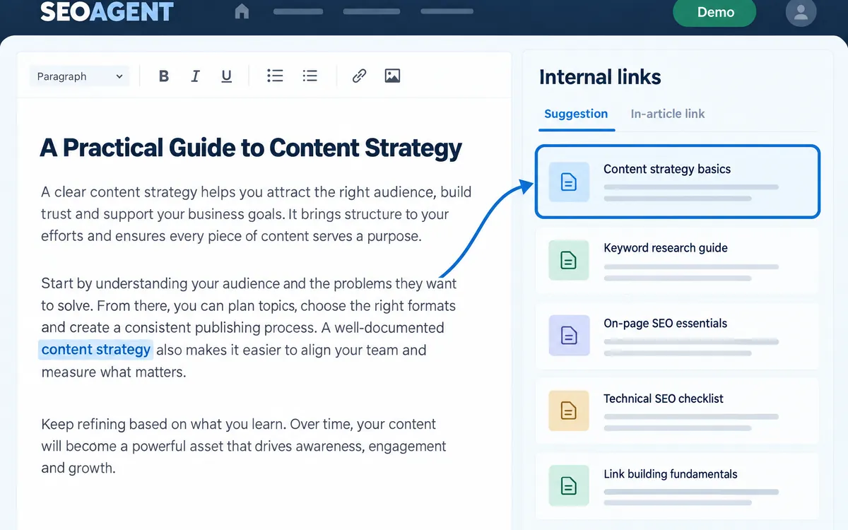 Illustration of the Internal link suggestions and insertion screen